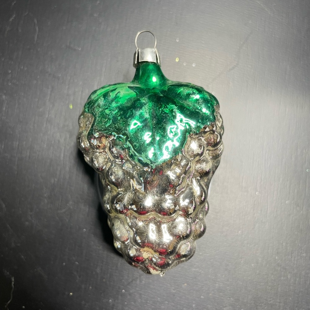 Western Germany Vintage Grapes Glass Ornament Some Wear Silver & Green Signed